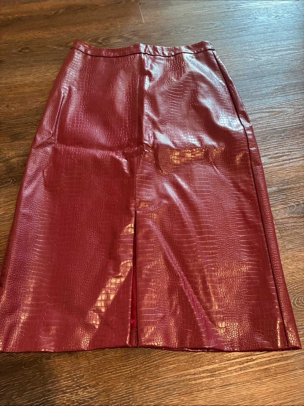 Sunday in Brooklyn Burgundy Faux Croc Patent Pencil Skirt